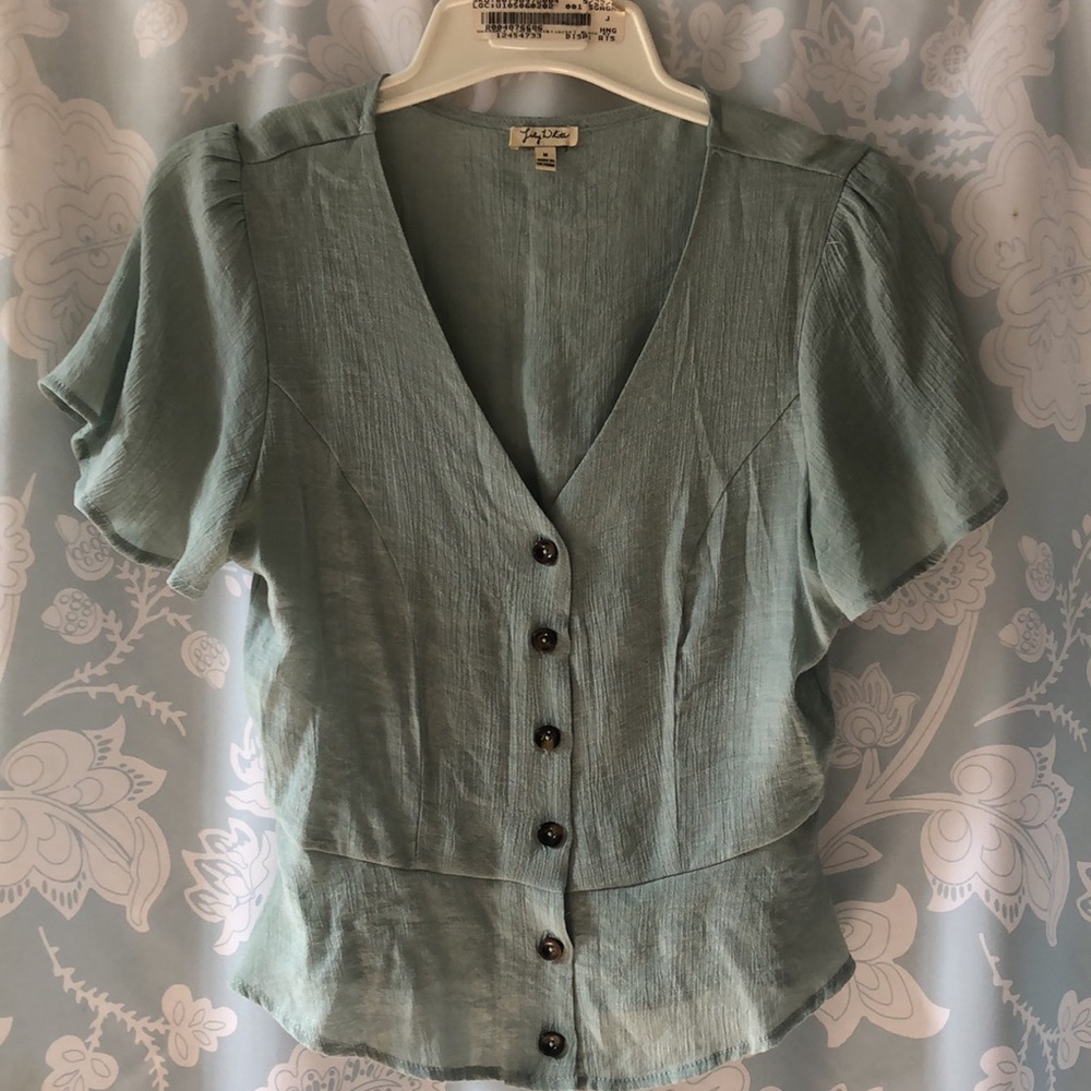 Lily White seafoam mint green top flounced sleeves peplum V-neck vintage feel - Picture 6 of 10